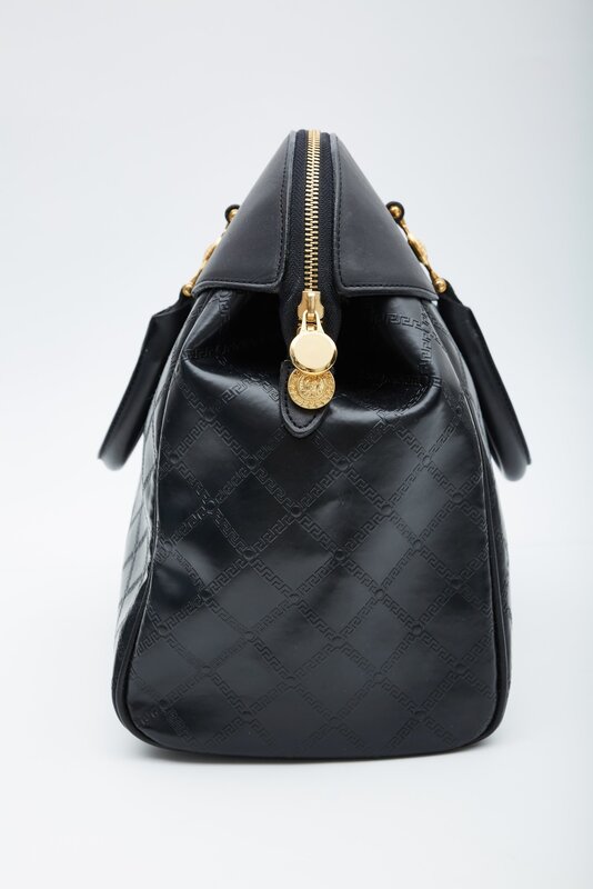 VERSACE VERSACE VINTAGE BLACK LEATHER MOTIF EMBOSSED BRIEFCASE WEEKEND BAG