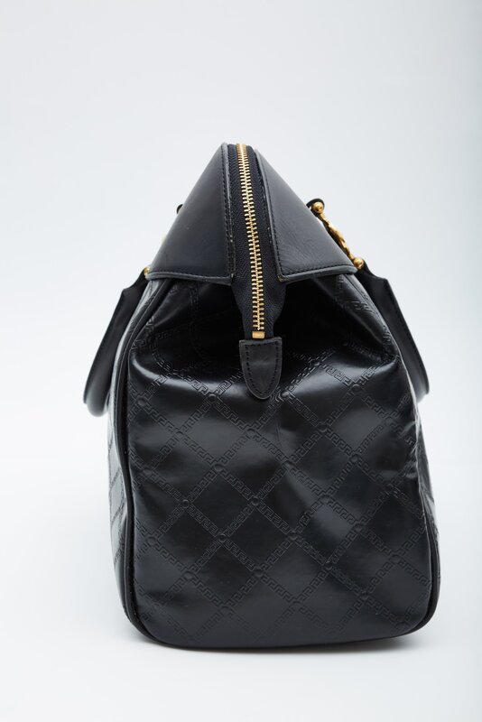 VERSACE VERSACE VINTAGE BLACK LEATHER MOTIF EMBOSSED BRIEFCASE WEEKEND BAG