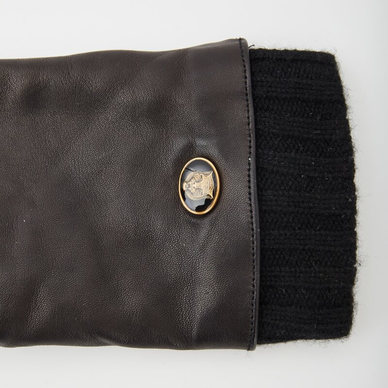 GUCCI GUCCI BLACK NAPPA CASHMERE NEO TIGER GLOVES 9.5/M (524047)