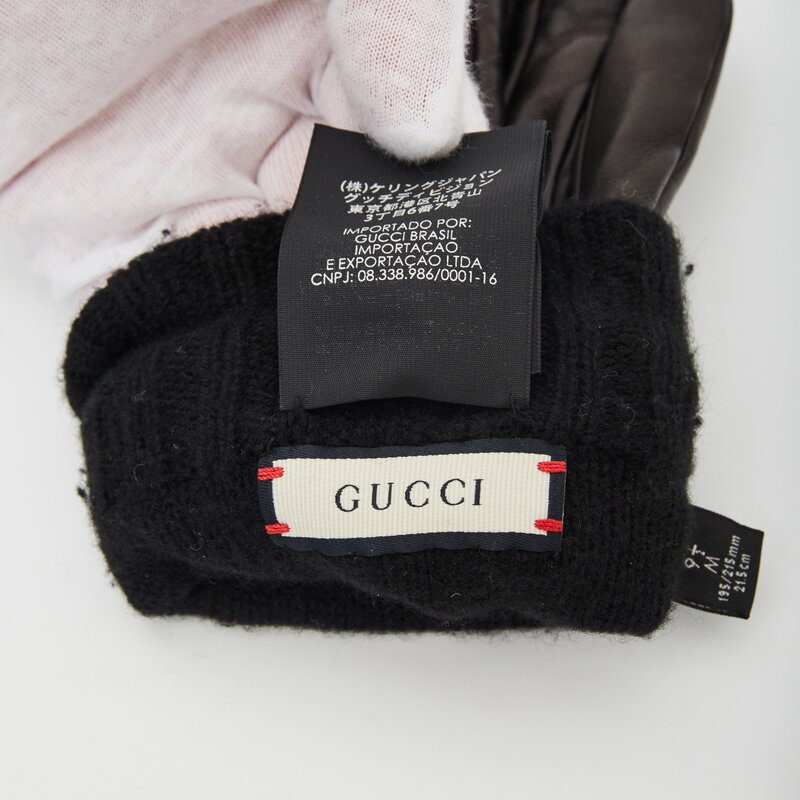 GUCCI GUCCI BLACK NAPPA CASHMERE NEO TIGER GLOVES 9.5/M (524047)