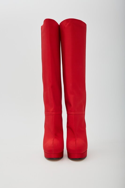 GUCCI RIBBED FABRIC RED PLATFORM KNEE HIGH BOOTS (588968) 38.5 EU