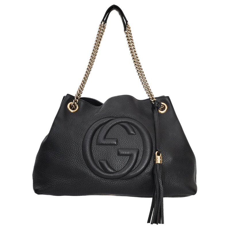 GUCCI PEBBLED CALFSKIN BLACK SOHO CHAIN SHOULDER BAG MEDIUM