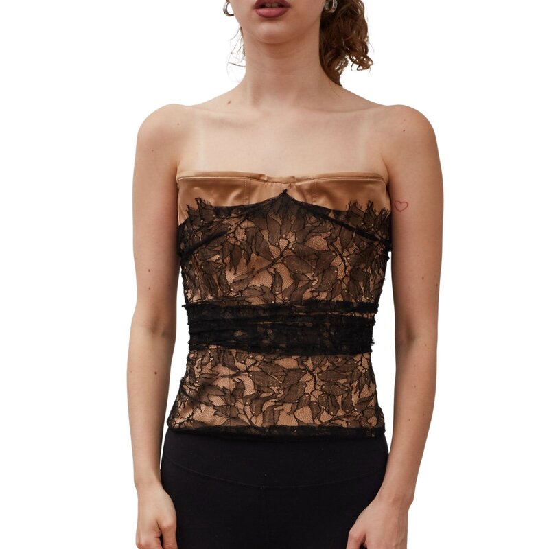 GUY LAROCHE LACE OVERLAY BLACK NUDE CORSET TOP (SMALL) - CRTBLNCHSHP