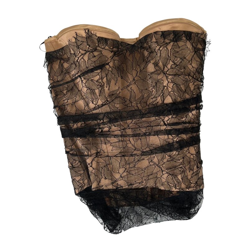 GUY LAROCHE TULLE LACE BLACK OVERLAY NUDE CORSET TOP (FR42 | LARGE)
