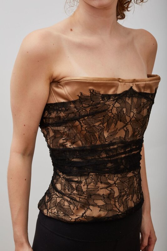 GUY LAROCHE TULLE LACE BLACK OVERLAY NUDE CORSET TOP (FR42 | LARGE)