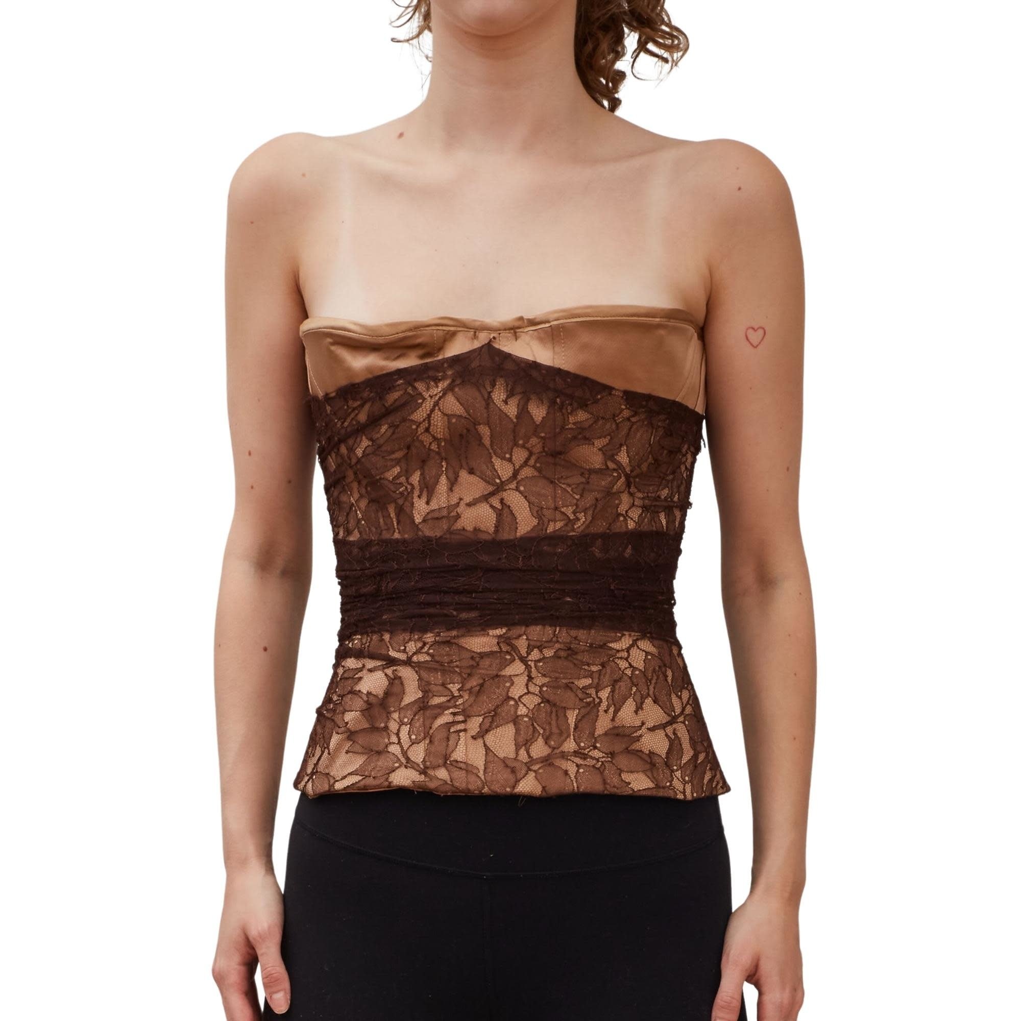 GUY LAROCHE TULLE LACE BROWN OVERLAY NUDE CORSET TOP (38FR | MEDIUM)