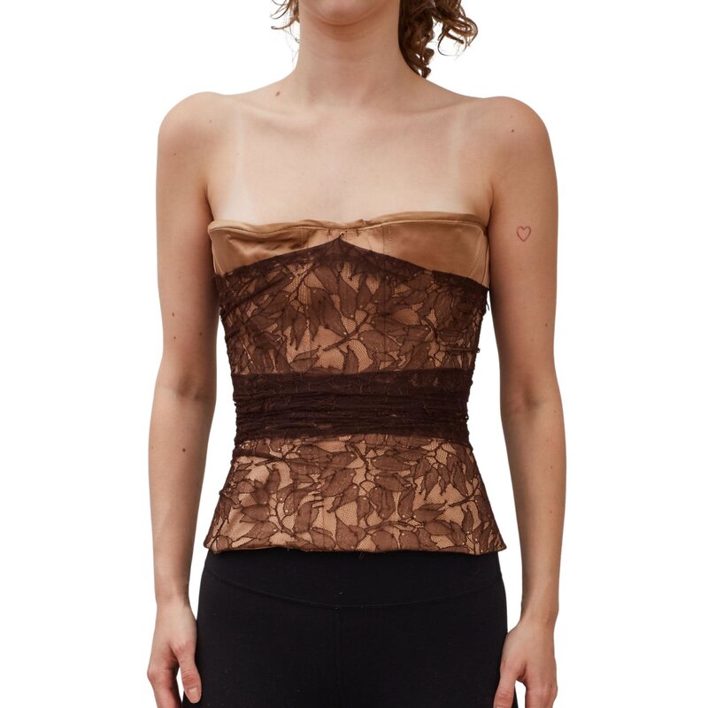 GUY LAROCHE TULLE LACE BROWN OVERLAY NUDE CORSET TOP (FR40 | MEDIUM)