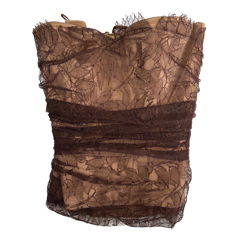 GUY LAROCHE TULLE LACE BROWN OVERLAY NUDE CORSET TOP (FR40 | MEDIUM)