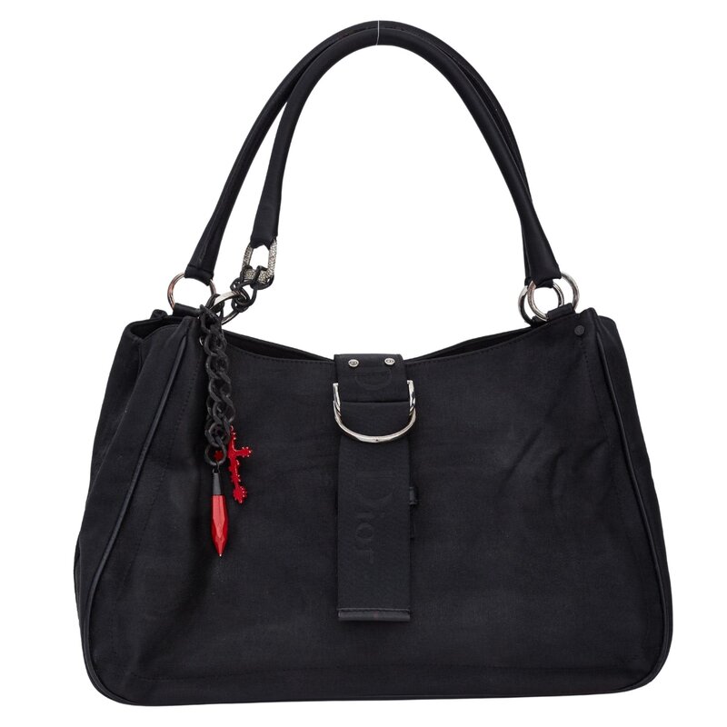 CHRISTIAN DIOR DIOR VINTAGE BLACK CANVAS WITH RED CROSS CHARM SHOULDER BAG (2003)