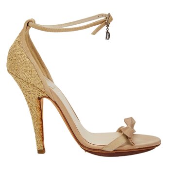 CHRISTIAN DIOR DIOR VINTAGE GOLD SILK EMBELLISHED OPEN TOE HEEL (EU 37)