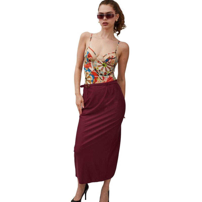 CHRISTIAN DIOR VINTAGE MIDI BELTED NYLON BURGUNDY BORDEAUX SKIRT (US4 | SMALL)