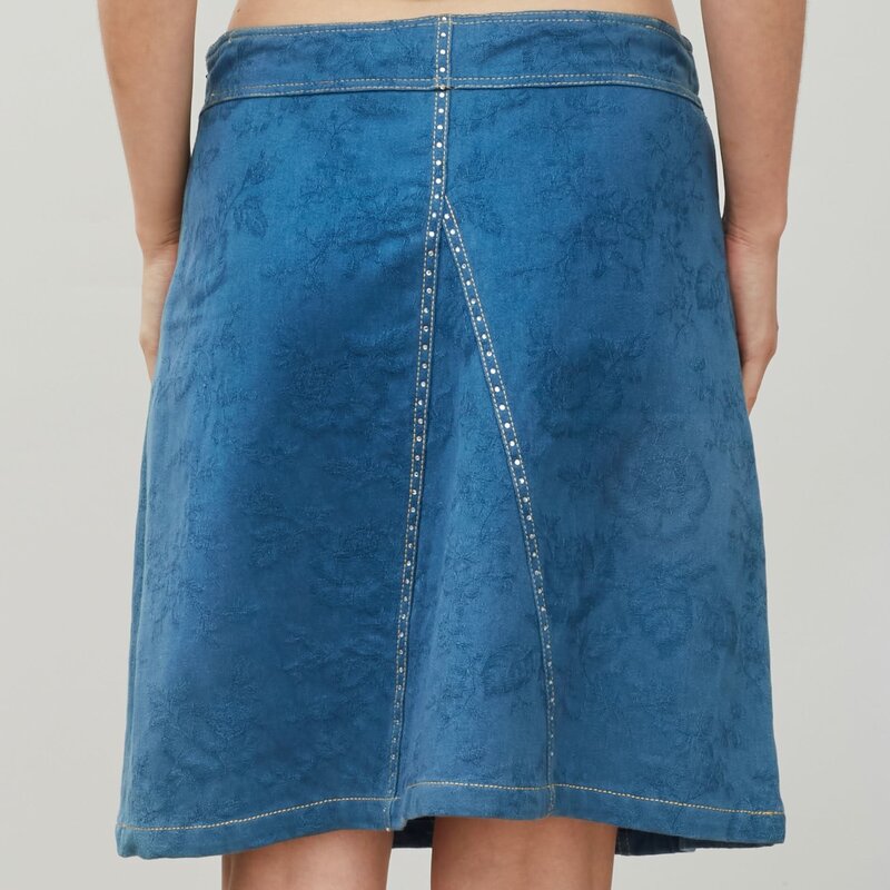 JOHN GALLIANO BLUE CRYSTAL EMBELLISHED DENIM A LINE SKIRT (SMALL)