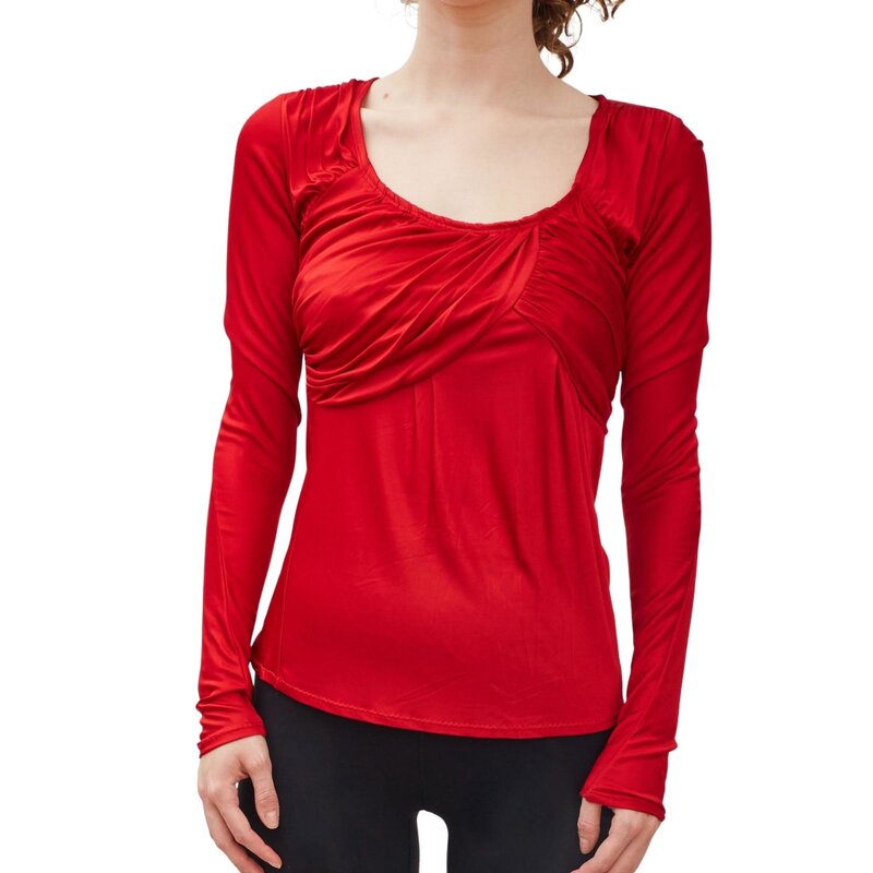CHRISTIAN DIOR VINTAGE RUCHED STRETCH RED VISCOSE LONG SLEEVE TOP (US4 | SMALL)