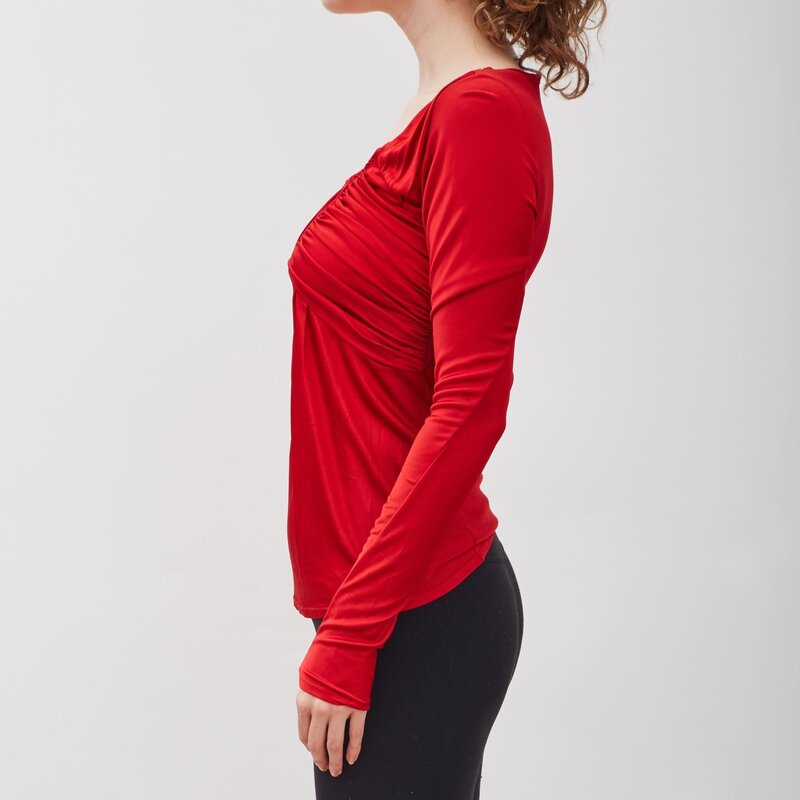 CHRISTIAN DIOR DIOR VINTAGE RUCHED STRETCH RED VISCOSE LONG SLEEVE TOP (US4 | SMALL)