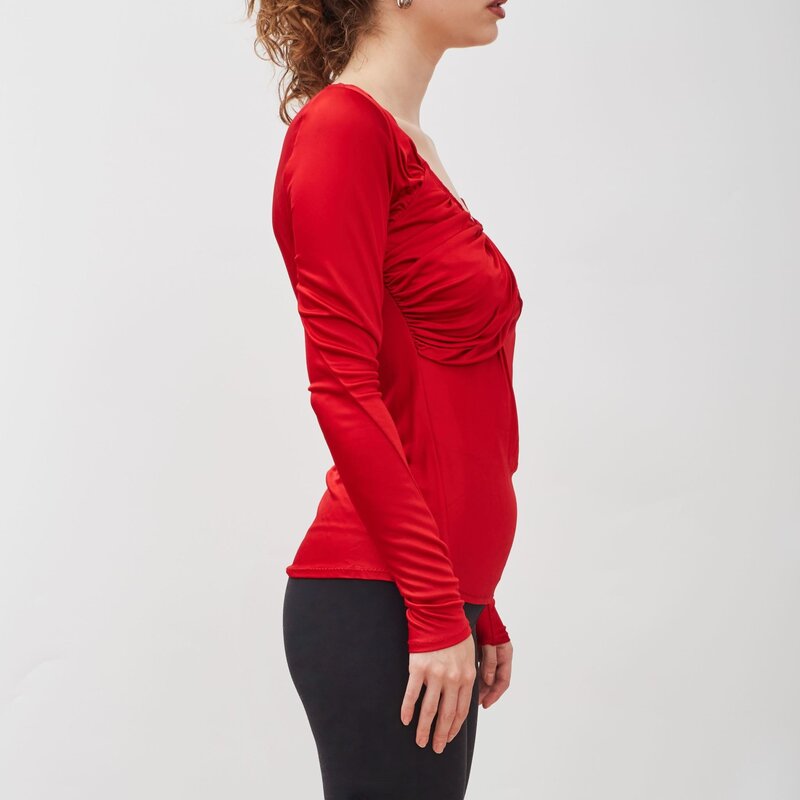 CHRISTIAN DIOR DIOR VINTAGE RUCHED STRETCH RED VISCOSE LONG SLEEVE TOP (US4 | SMALL)