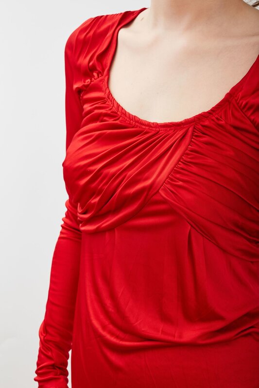 CHRISTIAN DIOR VINTAGE RUCHED STRETCH RED VISCOSE LONG SLEEVE TOP (US4 | SMALL)