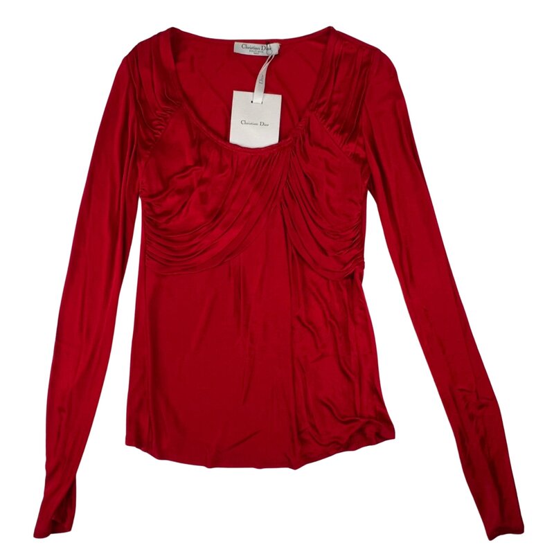 CHRISTIAN DIOR DIOR VINTAGE RUCHED STRETCH RED VISCOSE LONG SLEEVE TOP (US4 | SMALL)