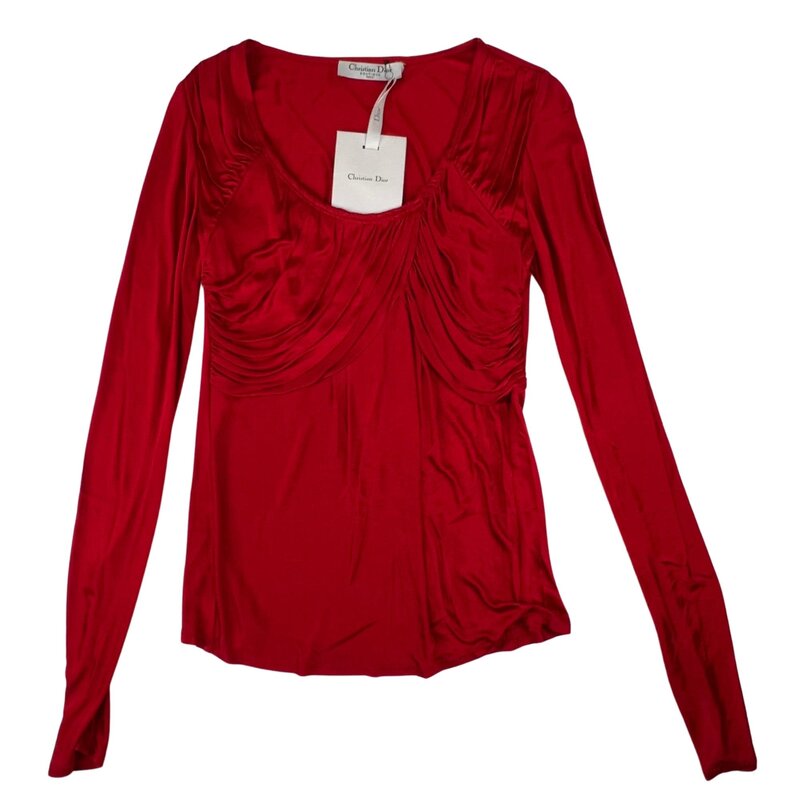 CHRISTIAN DIOR VINTAGE RUCHED STRETCH RED VISCOSE LONG SLEEVE TOP (US4 | SMALL)