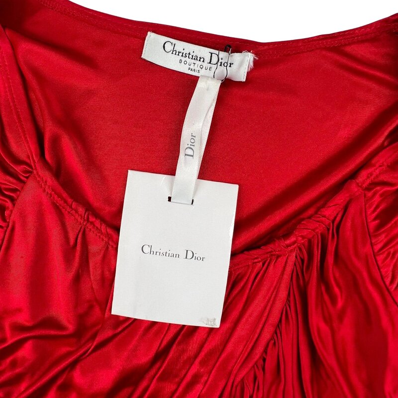 CHRISTIAN DIOR DIOR VINTAGE RUCHED STRETCH RED VISCOSE LONG SLEEVE TOP (US4 | SMALL)
