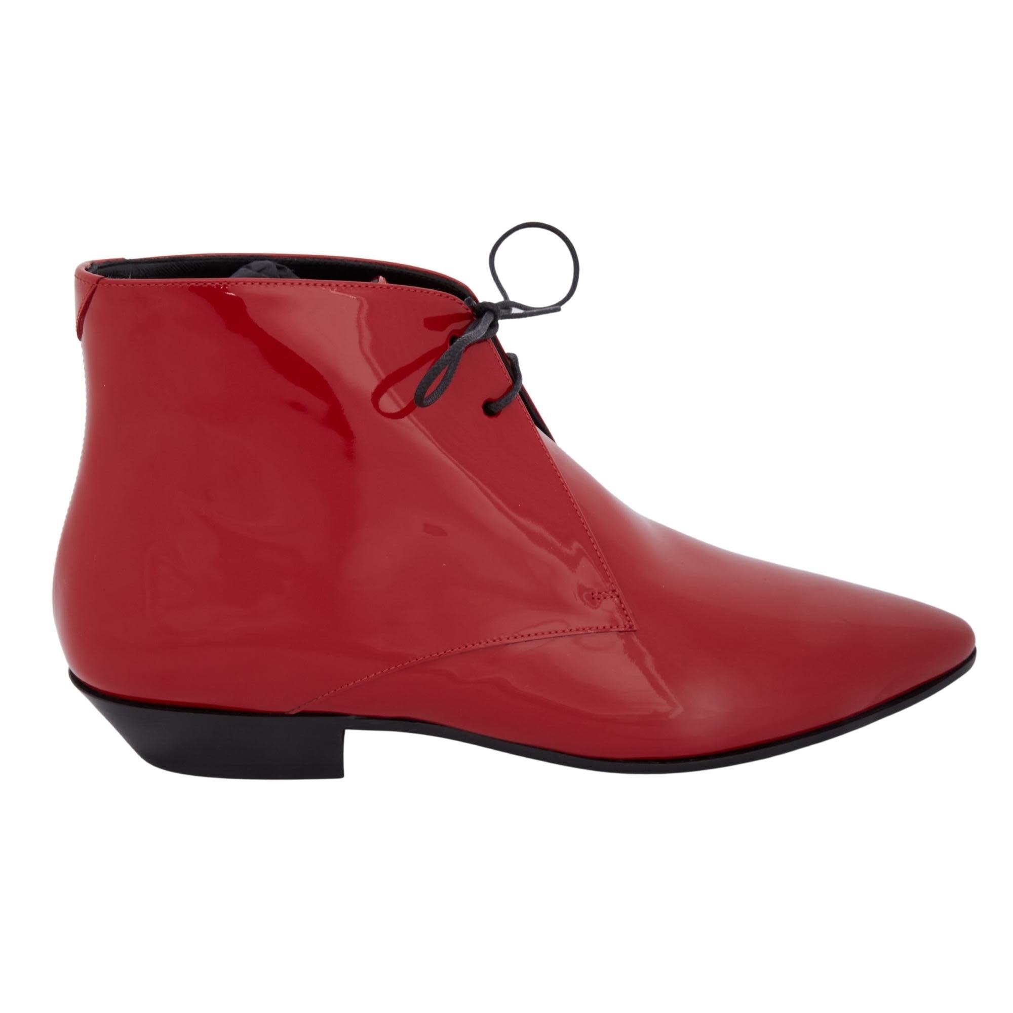 SAINT LAURENT JONAS PATENT RED HEELED ANKLE BOOTS (39 EU) 581845