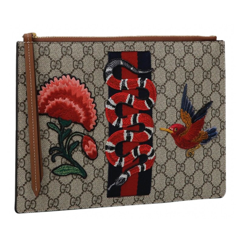 GUCCI GG SUPREME MONOGRAM WEB KINGSNAKE EMBROIDERED ZIP POUCH