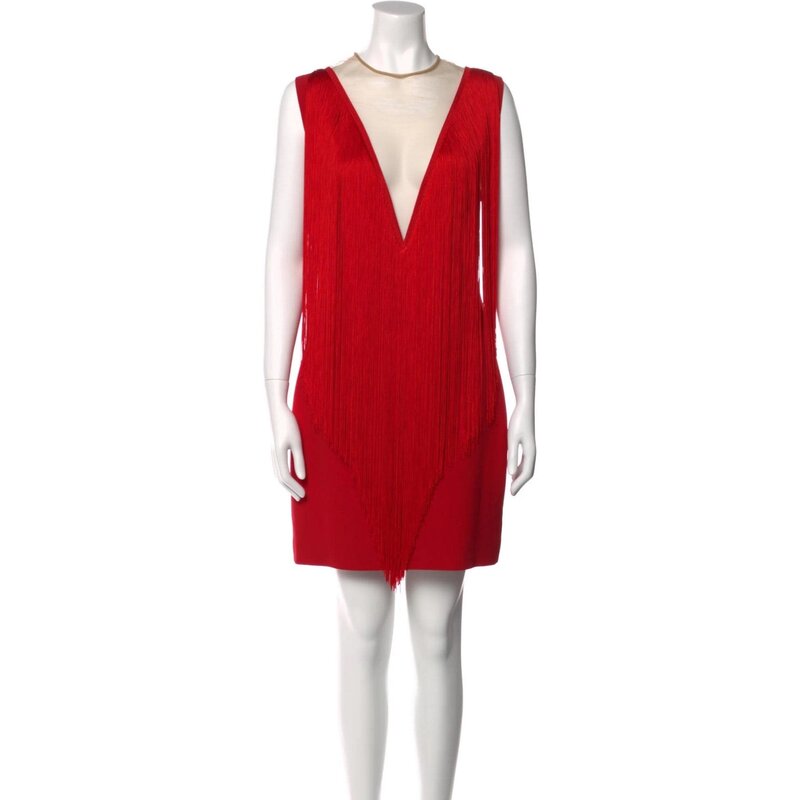 RED FRINGE SHIFT MINI DRESS (US6, IT42) $2000