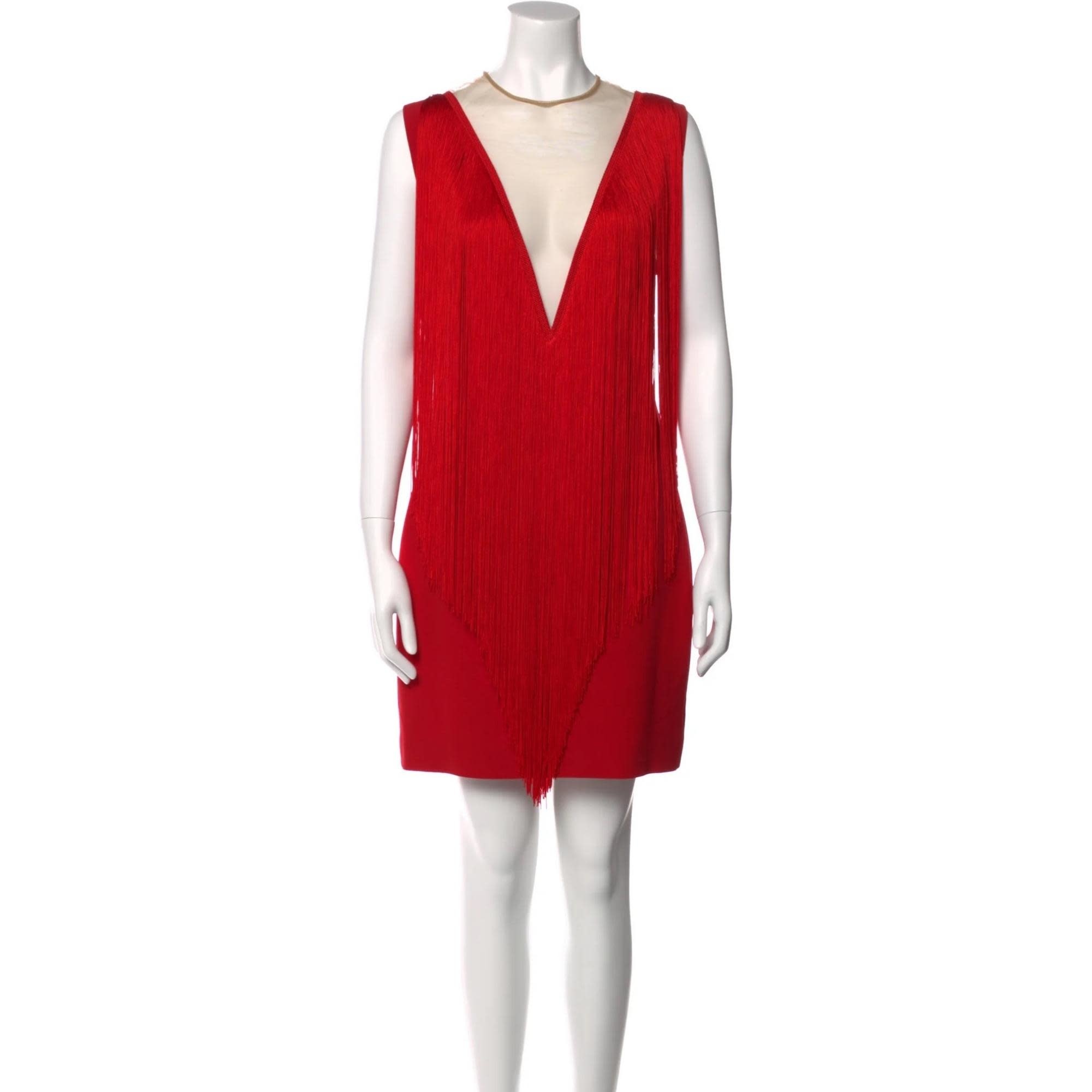 RED FRINGE SHIFT MINI DRESS (US6, IT42) $2000