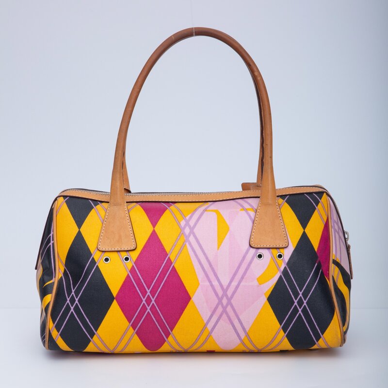 CHRISTIAN DIOR COATED CANVAS ARGYLE PRINT BOWLER TOP HANDLE BAG (2004)