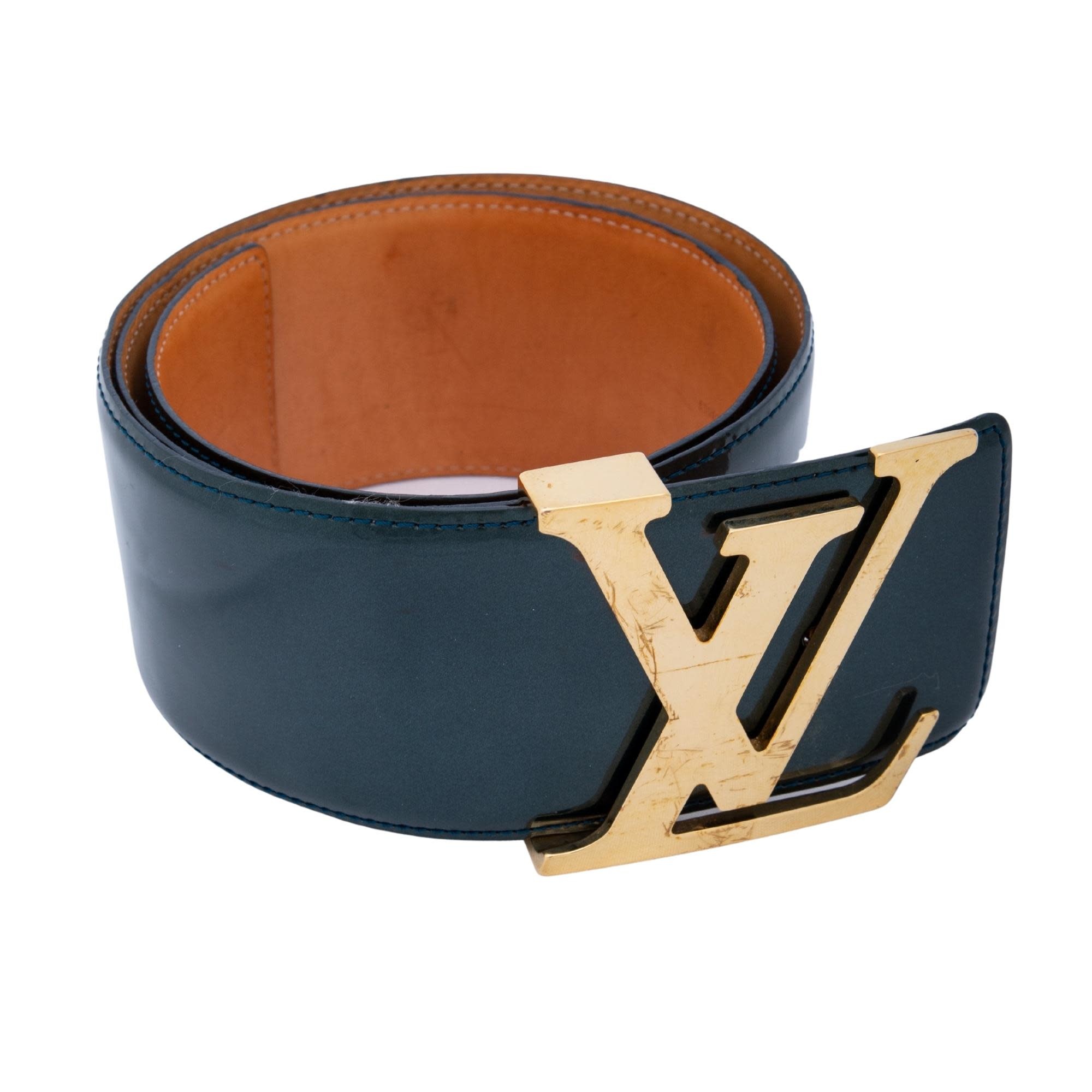 LOUIS VUITTON VINTAGE VERNIS GREEN LOGO INITIALS GOLD BELT (SIZE 75/30)