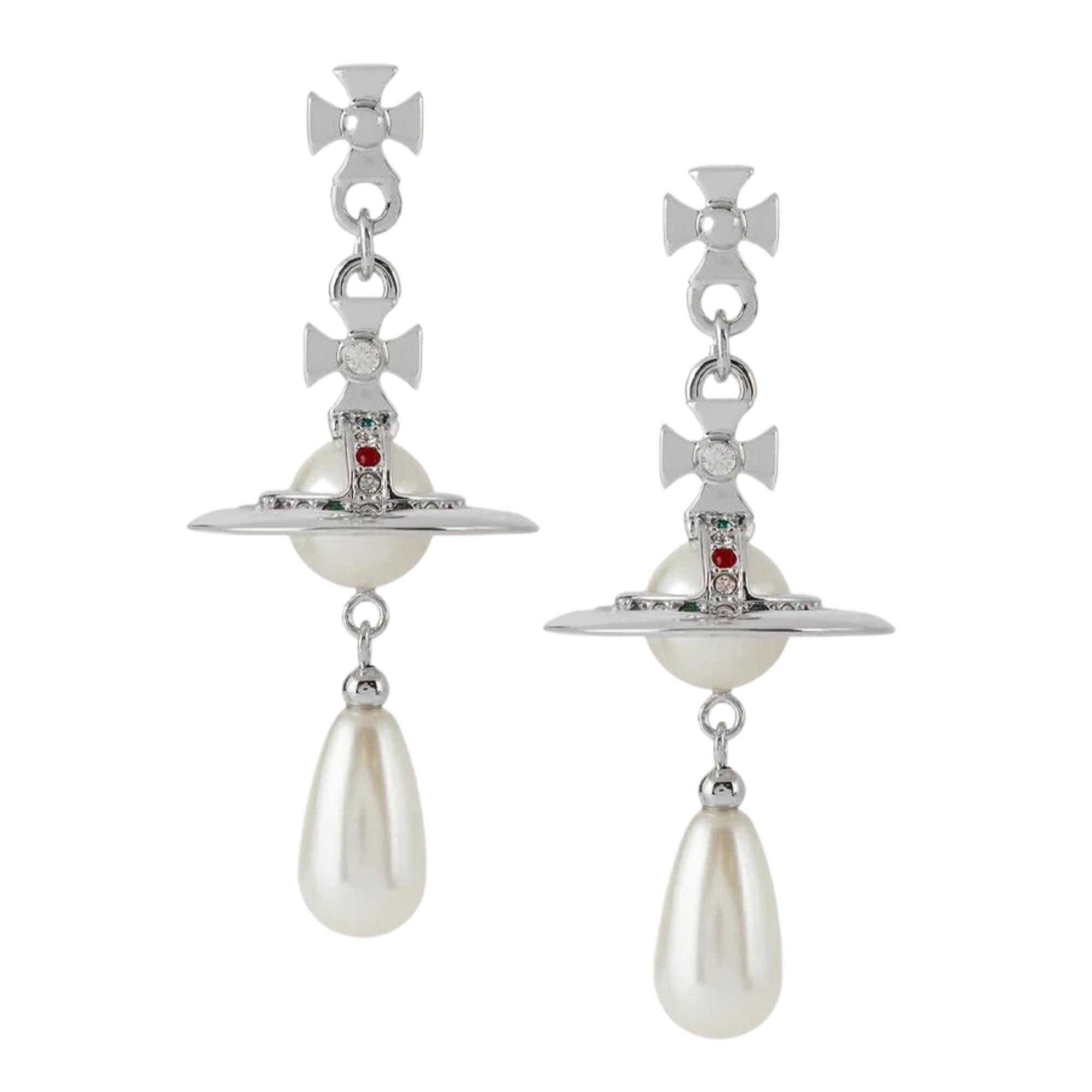 VIVIENNE WESTWOOD NEW ORB PEARL DROP STRASS EARRINGS SILVER