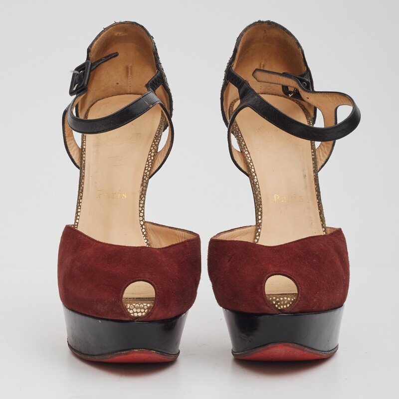 CHRISTIAN LOUBOUTIN CHRISTIAN LOUBOUTIN BURGUNDY SUEDE SNAKE SKIN PEEP TOE PLATFORM HEEL (US 8.5)