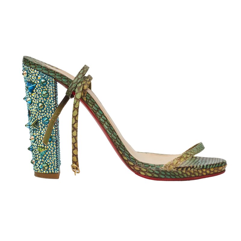 CHRISTIAN LOUBOUTIN OPEN TOE TEAL JEWEL STUDDED HEEL (EU 39 | US 8