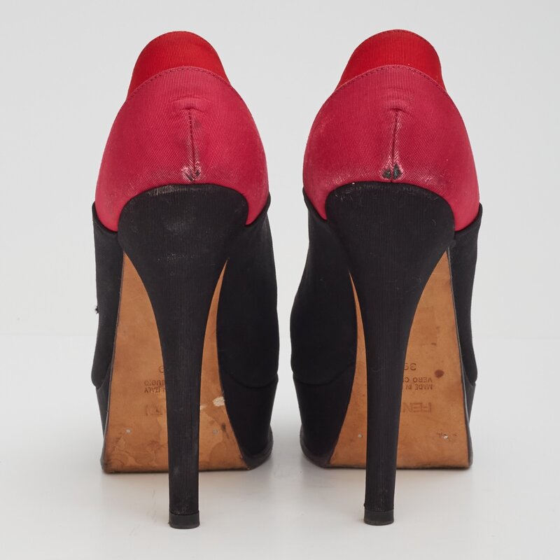 FENDI FENDI BLACK AND RED PEEP TOE PLATFORM HEELS (US 8 | EU 39)