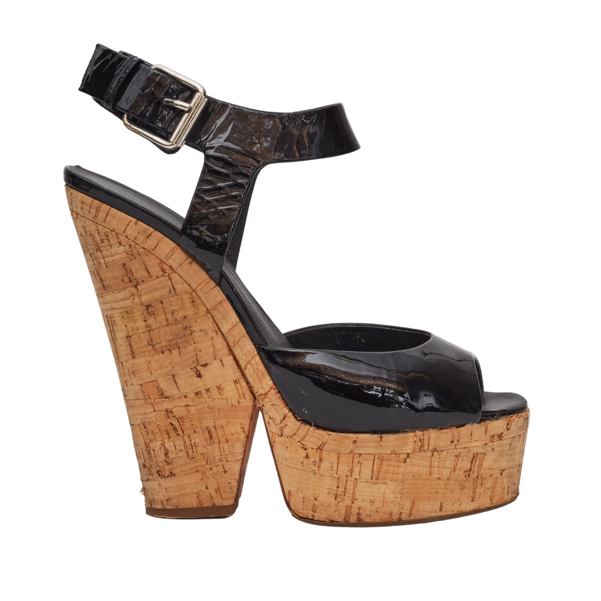 GIUSEPPE ZANOTTI PATENT LEATHER BLACK CORK SLING BACK WEDGES (EU 39)