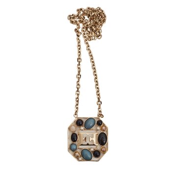 ESCADA ESCADA LARGE PENDANT GLASS EMBELLISHMENTS GOLD CHAIN NECKLACE