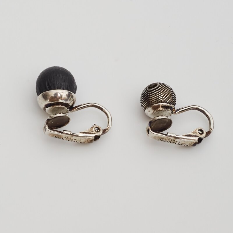 SAINT LAURENT SAINT LAURENT GUILLOCHE BRASS & LEATHER BLACK GUN METAL EARRINGS
