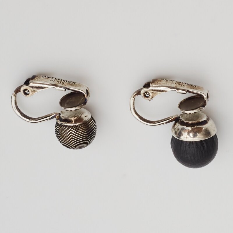 SAINT LAURENT SAINT LAURENT GUILLOCHE BRASS & LEATHER BLACK GUN METAL EARRINGS