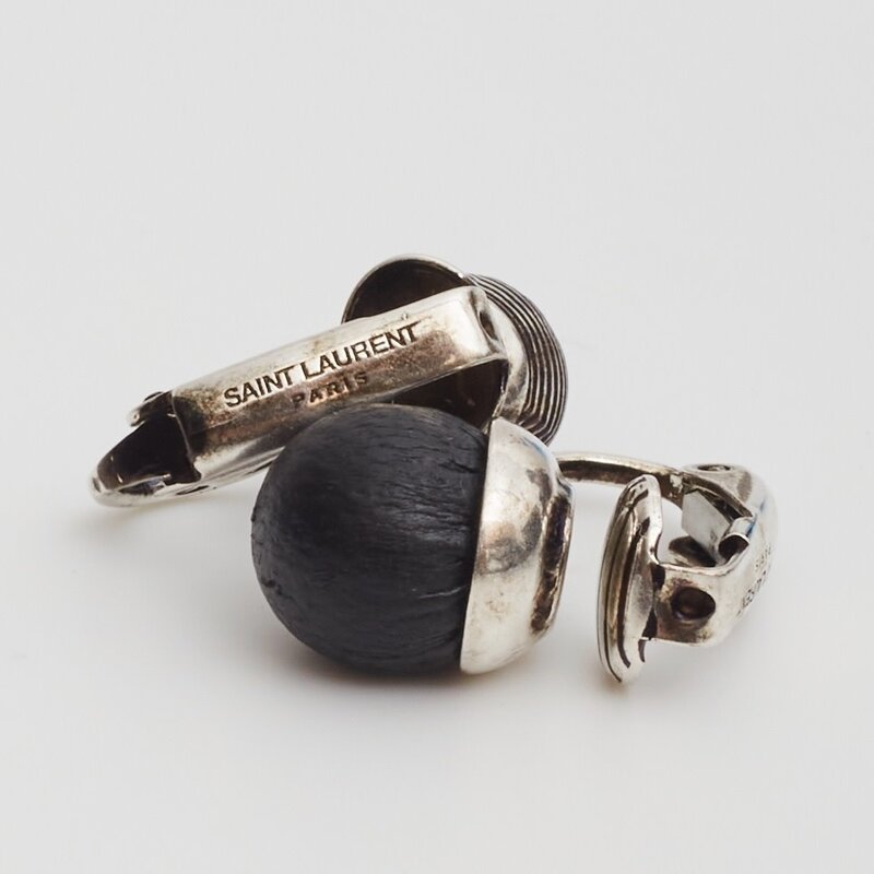 SAINT LAURENT SAINT LAURENT GUILLOCHE BRASS & LEATHER BLACK GUN METAL EARRINGS