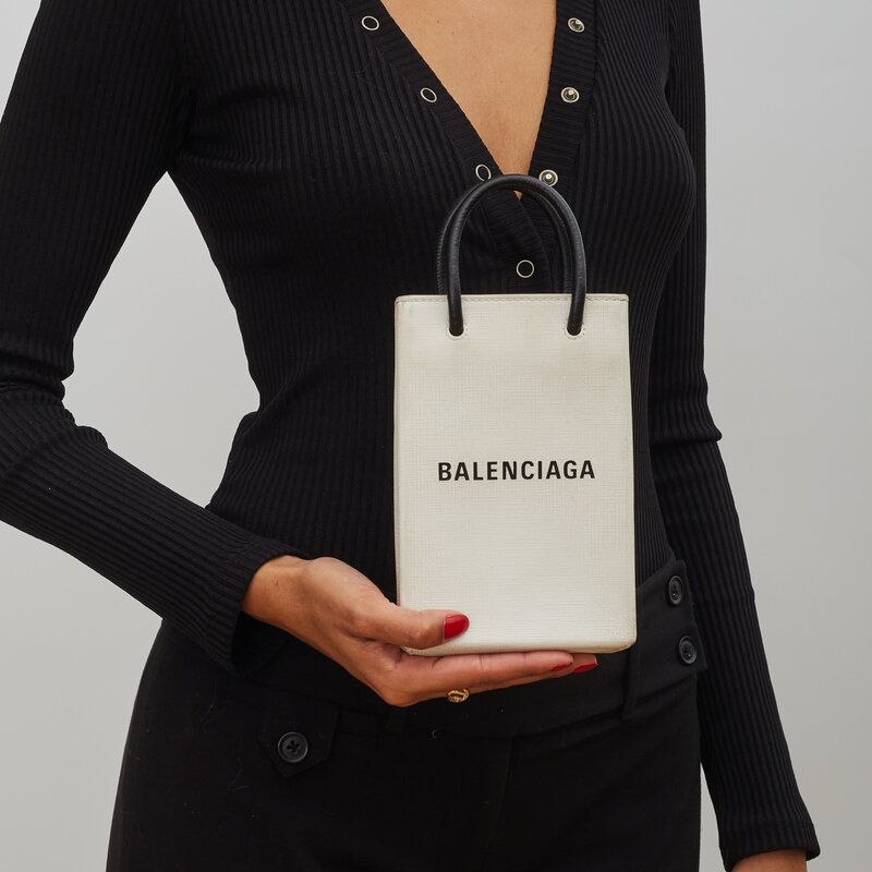 BALENCIAGA CALFSKIN LOGO SHOPPING PHONE HOLDER BAG - CRTBLNCHSHP