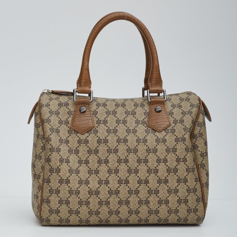 BALENCIAGA VINTAGE LOGO BB BEIGE CANVAS BOSTON HANDBAG 25