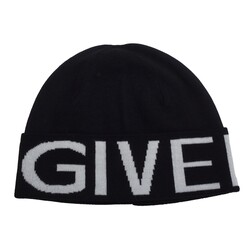 GIVENCHY GIVENCHY BLACK KNIT WOOL BEANIE WITH WHITE LOGO