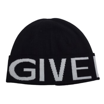 GIVENCHY GIVENCHY BLACK KNIT WOOL BEANIE WITH WHITE LOGO