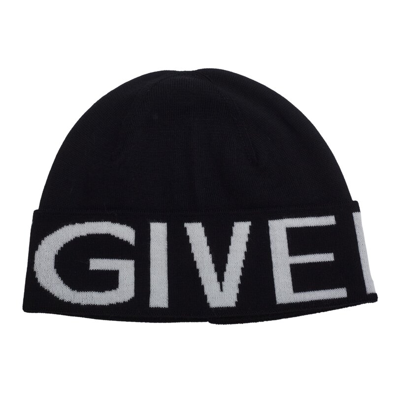 GIVENCHY GIVENCHY BLACK KNIT WOOL BEANIE WITH WHITE LOGO