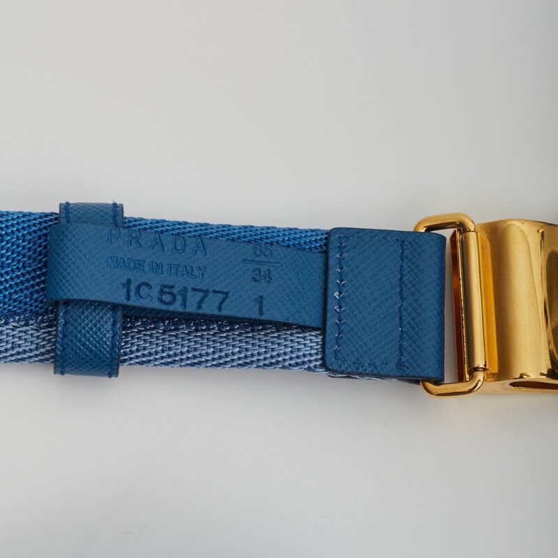PRADA VINTAGE WOVEN FABRIC GOLD BUCKLE BLUE BELT 1C5177 (SIZE 85/31)