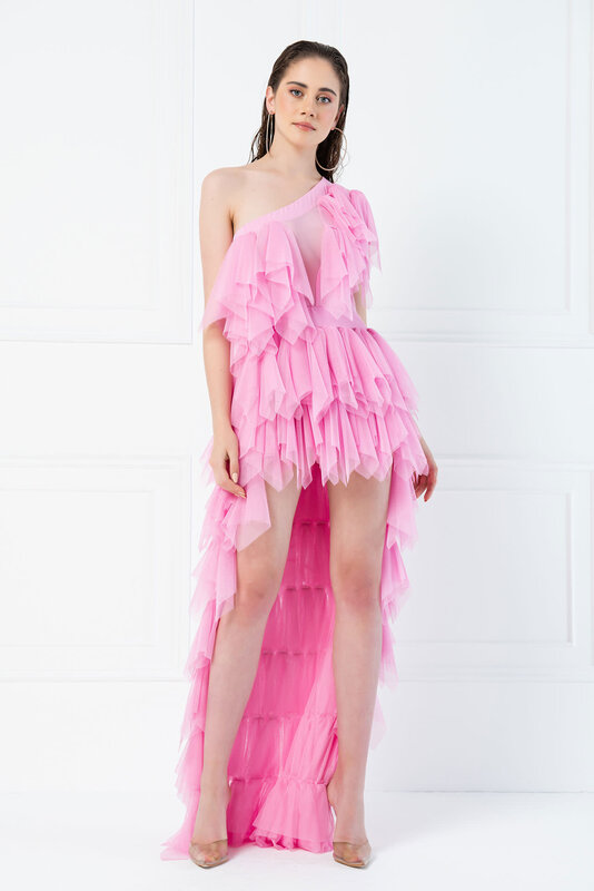 CRTBLNCHSHP SUTTON ONE SHOULDER RUFFLE PINK MINI TULLE DRESS S