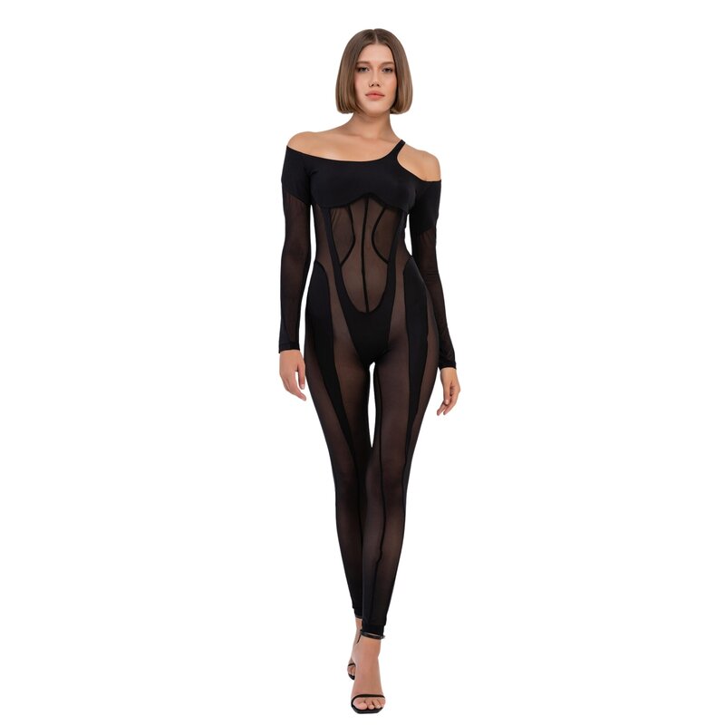 CRTBLNCHSHP SHEER BLACK CUT OUT SHOULDER CATSUIT