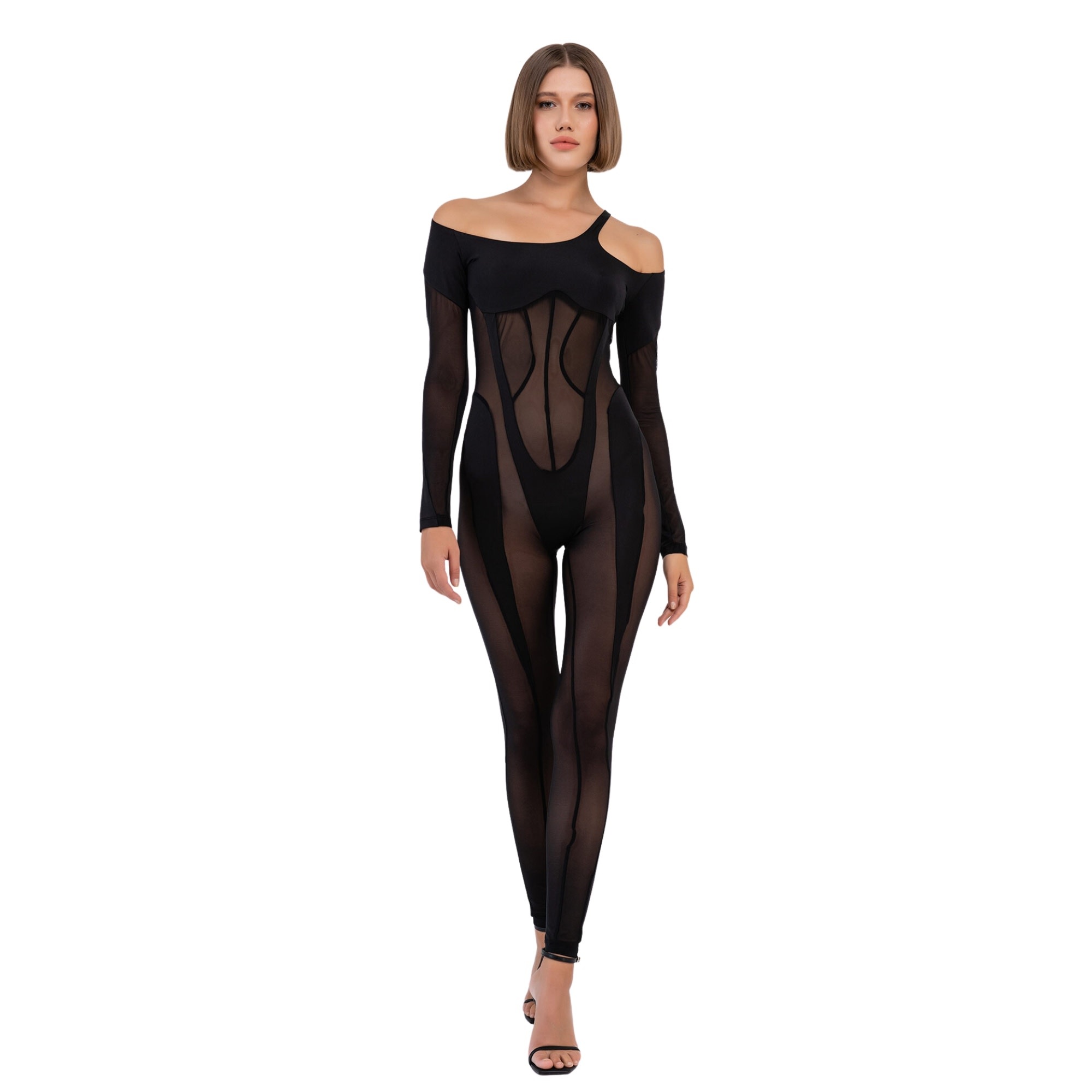 BLACK EMBELLISHED MESH CATSUIT WITH BODYSUIT - CRTBLNCHSHP