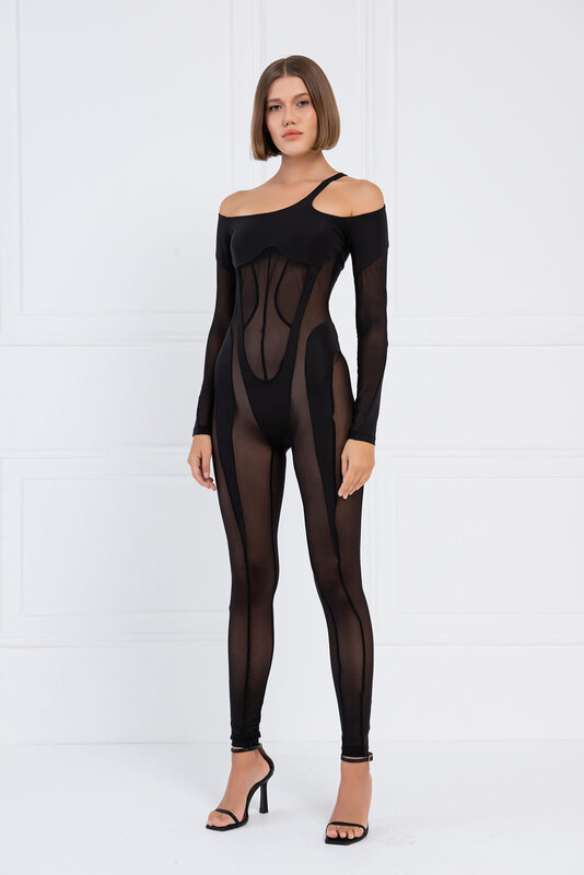 CRTBLNCHSHP SHEER BLACK CUT OUT SHOULDER CATSUIT