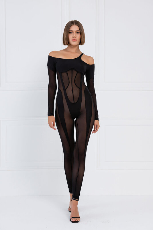 CRTBLNCHSHP SHEER BLACK CUT OUT SHOULDER CATSUIT