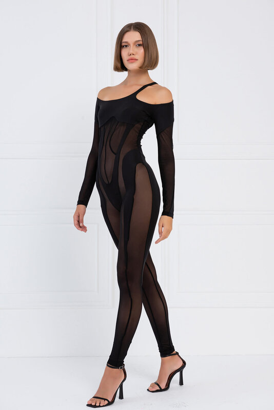 CRTBLNCHSHP SHEER BLACK CUT OUT SHOULDER CATSUIT